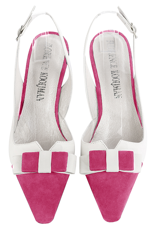 Fuschia pink and off white women's open back shoes, with a knot. Tapered toe. Medium spool heels. Top view - Florence KOOIJMAN